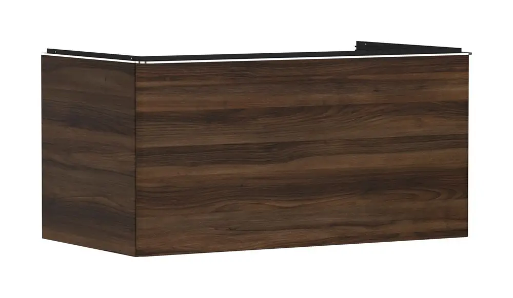 Waschtischunterschrank in dunklem Nussbaum mit einer Front aus Holz und einer Oberkante. Marke: Hansgrohe. Eignet sich für Konsolenaufsatzwaschtische.